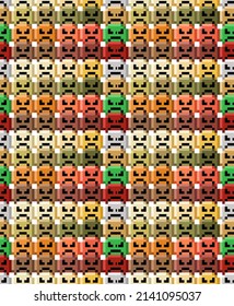 Face circle angry, nature color seamless pattern pixel art. Vector illustration.