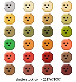 Face circle indifferent natural color set pixel art. Vector illustration.