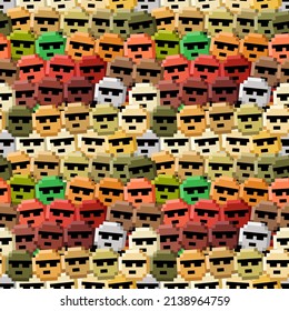 Face circle indifferent and wearing black glasses, nature color seamless pattern pixel art. Vector illustration.