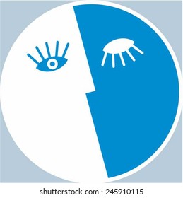 Face In The Circle. One Eye Open, The Other Closed. Two Half Face In Different Colors: Blue, White. The Moon. Vector Icon, Design Element Of Logo.