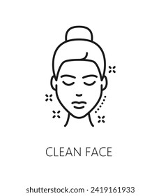 Face clean icon for cosmetology or skincare and facial cleaning cosmetics, line vector. Woman beauty and face skin care or dermatology icon for facial cleanser or skin micellar cleaner instruction