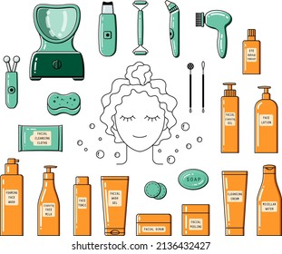 Face cleaning devices and face cleaning cosmetics. Skincare products. Cosmetic set. Thin line vector illustrations with shifted color fill.