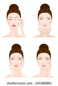 Face cleaning: removing makeup,water cleaning, massage and moistening. Vector 