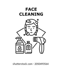 Face Cleaning Vector Icon Concept. Face Cleaning Cream And Soap Containers, Electronic Device For Clean And Treatment Facial Skin. Skincare Equipment And Cosmetic Black Illustration