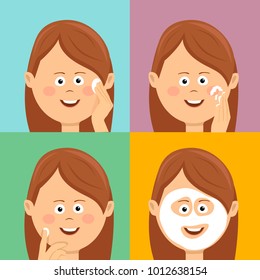 Face cleanse skin care routine. Beautiful woman step by step improves her skin condition. Skin care concept