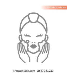 Face cleansing line vector icon. Face washing or cleaning, clean up with soap foam and pretty female with headband.
