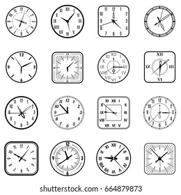 Face clock icon set. Wall object showing different time, biological instrument, classroom management. Vector flat style illustration isolated on white background
