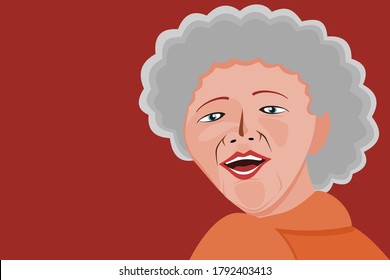 Face close-up illustration white haired woman wearing orange dress on red background