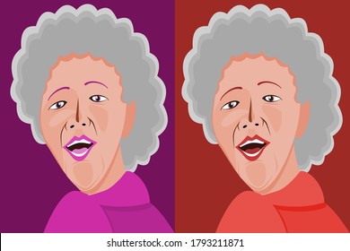 Face close-up illustration white haired woman wearing orange dress on red background