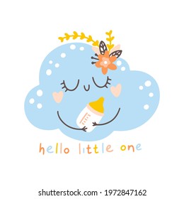 Face cloud with bottle of milk with flowers nursery boho poster. Cute childish element in simple hand-drawn Scandinavian cartoon doodle style. Limited pastel palette ideal for print