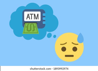 face with cold sweat emoji and thought balloon with automatic teller machine icon on blue background,concept vector illustration