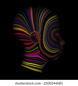 Face of color. Background design of human profile and colorful moving paint lines on the theme of creativity, design, inner world, human nature and artistic soul. vector illustration