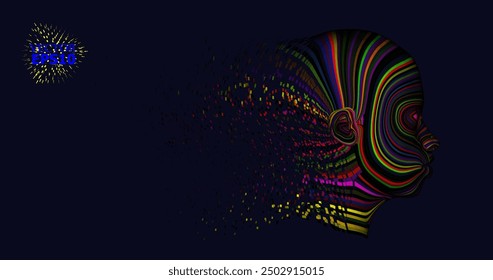 Face of color. Background design of human profile and colorful moving paint lines on the theme of creativity, design, inner world, human nature and artistic soul. vector illustration