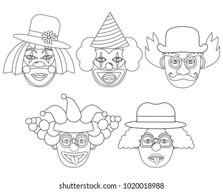 Clown’s face colorless, set. Vector illustration.