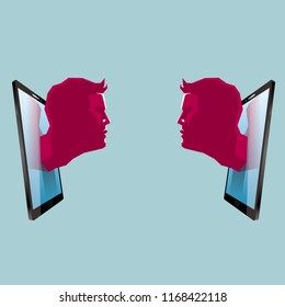 Face to face communication, the head sticks out of the tablet. The background is blue.