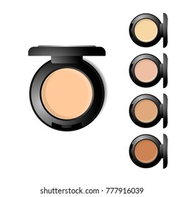 Face Compact Makeup Cream Concealer. Vector Realistic Cosmetic Product In The Black Round Plastic Case Isolated On White Background. Top View.