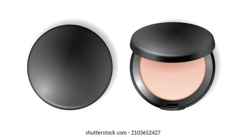 Face compact makeup powder face highlighter. Realistic cosmetic powder in black round plastic case open and closed isolated on white background. 3d vector illustration