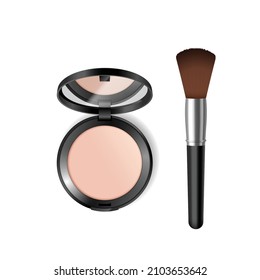 Face compact makeup powder face highlighter with brush. Realistic cosmetic powder in black round plastic case with mirror isolated on white background. 3d vector illustration