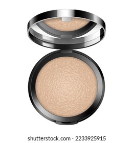 Face compact makeup powder. Realistic cosmetic glow baked powder in the black round plastic case with mirror. Isolated on white background. Top view. Vector 3d