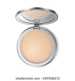 Face compact makeup powder. Vector realistic cosmetic glow baked powder in the silver metal round case with mirror. Isolated on white background. Top view.