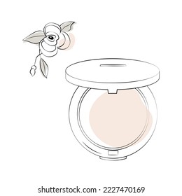 Face compact makeup powder. Vector cosmetic powder in the black white round plastic case. Isolated on white background. Top view. Minimalism
