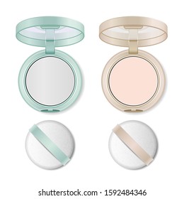 Face compact powder with puff and mirror. Vector realistic cosmetic fixing powder in mint and ivory round plastic case isolated on white background. Makeup beauty product mock up. Top view.