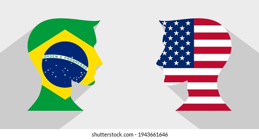 concepto cara a cara con banderas de brasil y estados unidos. banner, pegatina, impresión, decorativo
