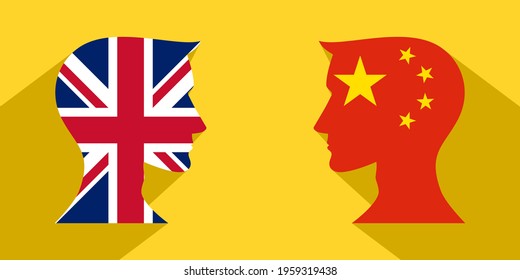 face to face concept with british and china flags. banner, sticker, print, decorative
