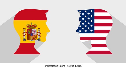 face to face concept with spain and american flags. banner, sticker, print, decorative
