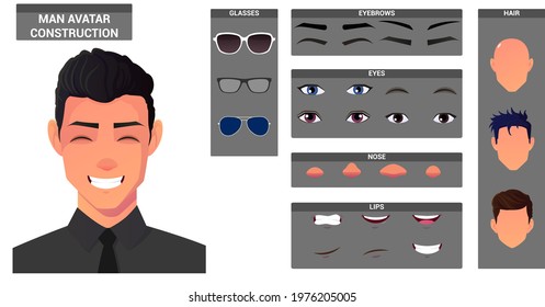 Face Construction And Character Creation Set. Caucasian wearing shirt and tie Man  Hair, Eyes, Lips, and Head Pack for Avatar Creation Vector file.