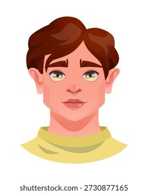 Construcción de cara. Aparición de hombre joven. Retrato de chico atractivo. Peinado morena. Avatar de dibujos animados humanos. Ojos y boca. Hermosa nariz. Chico caucásico. Perfil de Vector Carácter masculino cabeza aislada