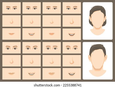 face constructor customized 
 combination of 4 element of eyes node mouth of a male and female figure version 1