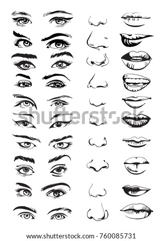 Face constructor with different face parts: eyes, lips and noses. Hand drawn set. Vector illustration