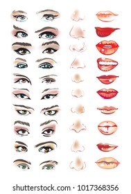 Face constructor with eyes, lips and noses. Colorful hand drawn set. Vector illustration