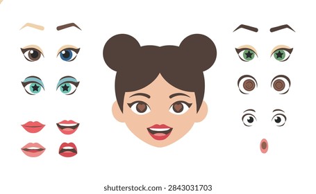 Face constructor kit with a cute cartoon girl head in the center, surrounded by various eyes, eyebrows, lips, and expressions.