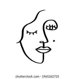 Face continuous line drawing. Beautyfull girl face. Attractive young woman portrait female beauty concept. Continuous one line drawing. Black and white vector illustration. Abstract minimal women.