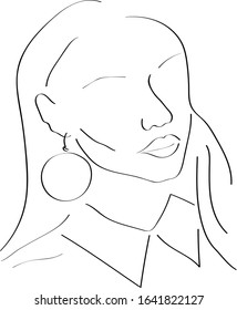 Face contour of a beautiful girl, black-white vector drawing.