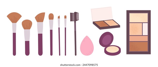 Face contouring cosmetics tools and equipment. Brushes, highlighter and powder, blush and sponge. Vector collection for fashion makeup