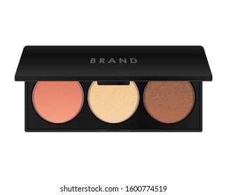 Face contouring makeup palette. Sculpting blush, highlighter, bronzer cosmetic products. Black square plastic container with three round color samples. 3D vector template.