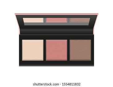 Face contouring palette. Make up highlighter, blush and bronzer, sculptor in black cardboard packaging with mirror. Cosmetic vector isolated products. Top view.