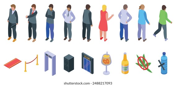 Face control party icons set. Isometric set of people waiting in line to enter night club with security guard checking