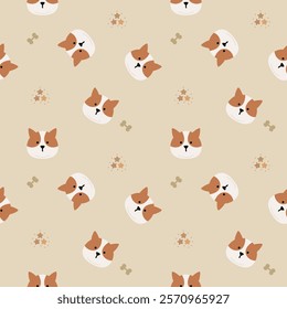 Face corgi cartoon so cute. On bone star background. Pattern seamless vector illustration. 