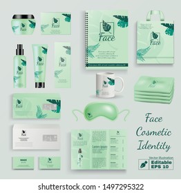 Face Cosmetic Identity Editable Vector Set. Beauty Product Container Kit. Cream Jar Tube Bottle Cup Mug Bag with Company Logotype Design. Natural Organic Cosmetics Packaging Branding