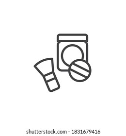 Icono de la línea cosmética de cara. signo de estilo lineal para concepto móvil y diseño web. Polvo de maquillaje con icono vectorial de contorno de brocha. Símbolo, ilustración del logotipo. Gráficos vectoriales