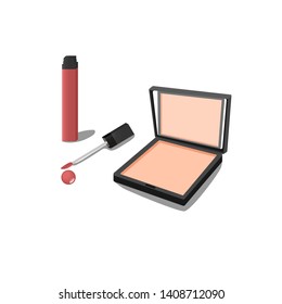 Face cosmetic makeup include powder compact, cushion or highlighter in packaging opened with a mirror in a square shape and liquid lipstick packaging opened in front view on white background