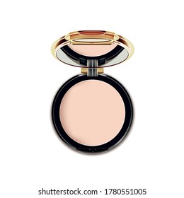 Face Cosmetic Makeup Powder in Black and gold Case with Mirror Top View Isolated on White Background. Vector