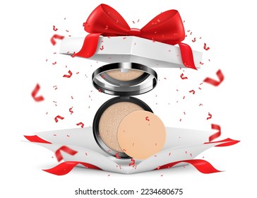 Face Cosmetic Makeup Powder with sponge inside open gift box, isolated on white background. White gift box with cosmetic items. Present, Gift, Surprise concept. 3D realistic vector illustration