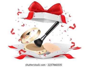 Face Cosmetic Makeup Powder with sponge inside open gift box, isolated on white background. White gift box with cosmetic items. Present, Gift, Surprise concept. 3D realistic vector illustration