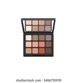 Face cosmetic makeup twelve-colors eye shadow natural palette in a square shape packing opened,have a mirror in top view on white background