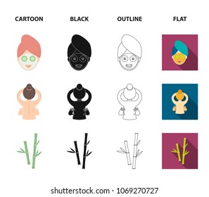 Face with a cosmetic mask with cucumbers, massage hands, bamboo, stones with lotus flowers. Spa set collection icons in cartoon,black,outline,flat style vector symbol stock illustration web.